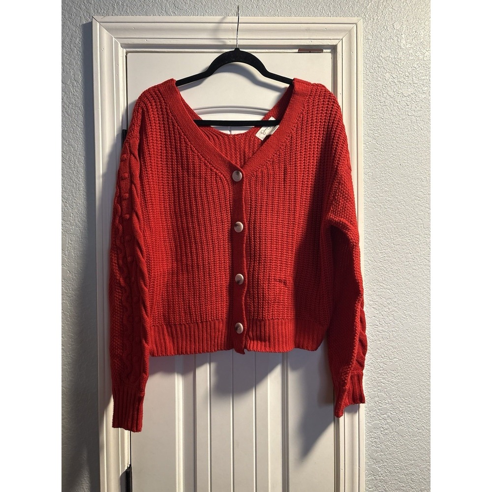 Jessica Simpson Red Chunky Knit Cardigan Sweater XL Cable Sleeve Button Front